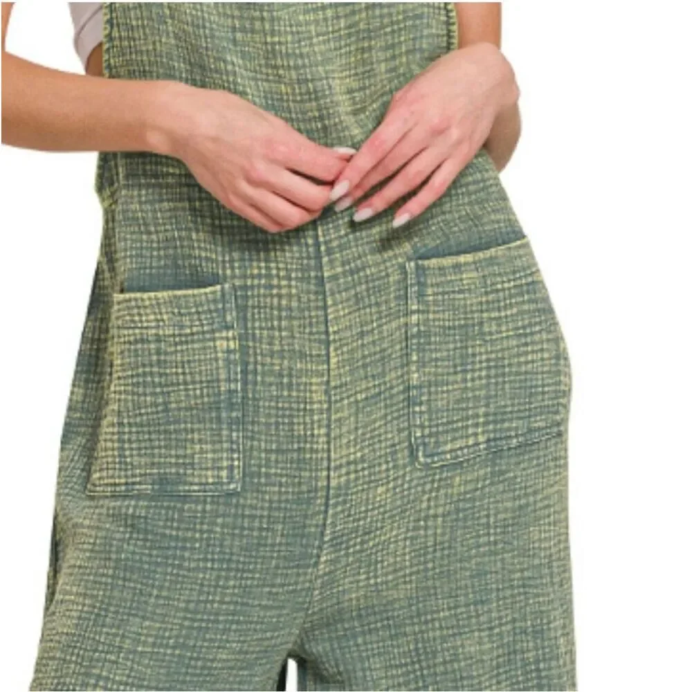 Zenana Green Double Gauze Cotton Wide Leg Overalls Jumpsuit Boho Medium NWT - Picture 5 of 9